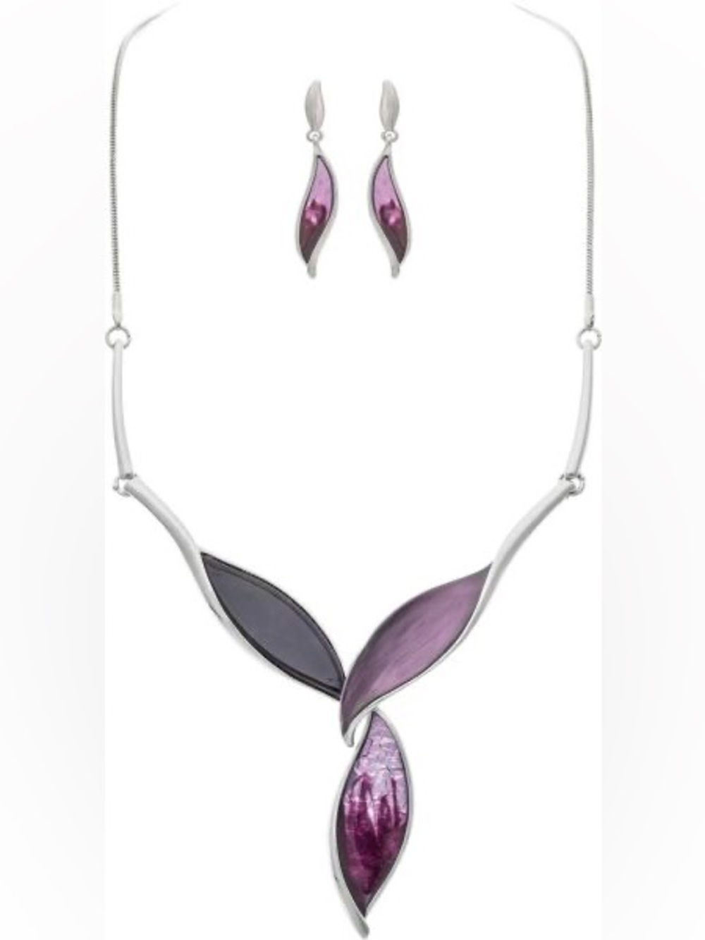 Leaf Trio Purple Necklace and Earring Set - Women Jewelry
